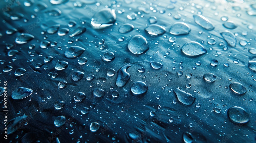 Poster the image is of a blue surface with many small drops of water on it. the drops are scattered all ove