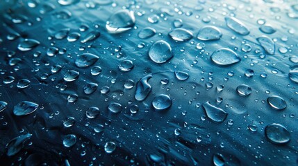 The image is of a blue surface with many small drops of water on it. The drops are scattered all over the surface, creating a sense of movement and fluidity