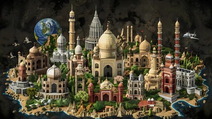 Famous landmarks of the world grouped together
