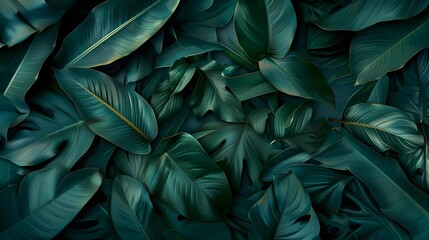 Tropical leaf foliage in dark green texture