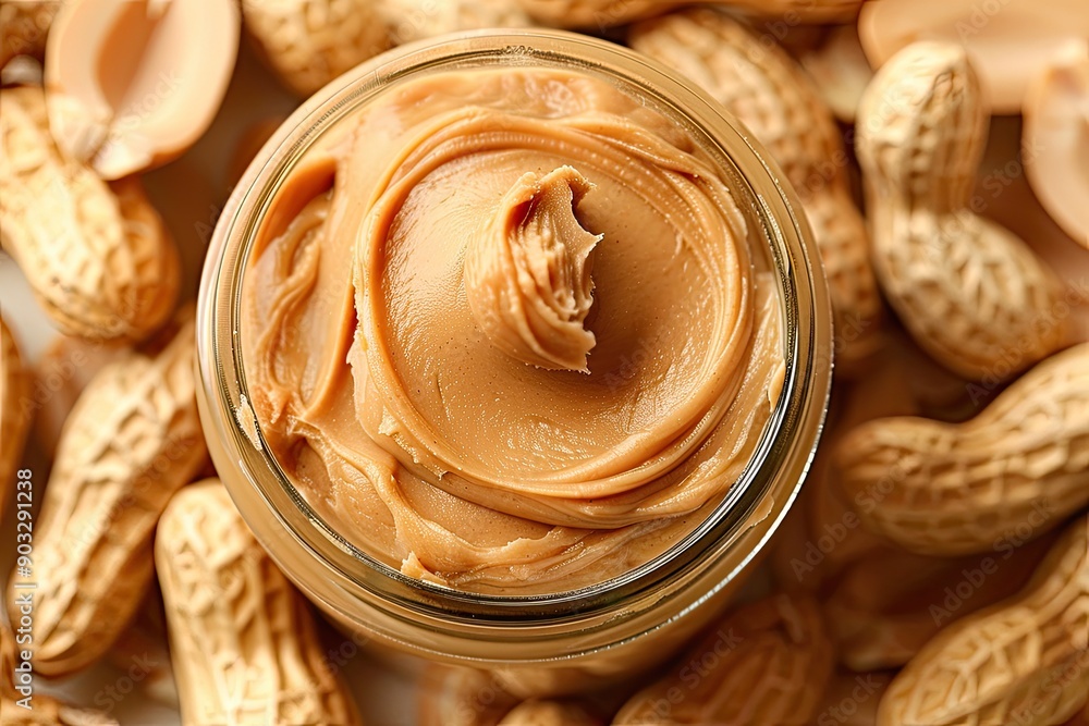 Poster a jar of peanut butter is sitting on a table with a bunch of peanuts. the peanuts are scattered arou