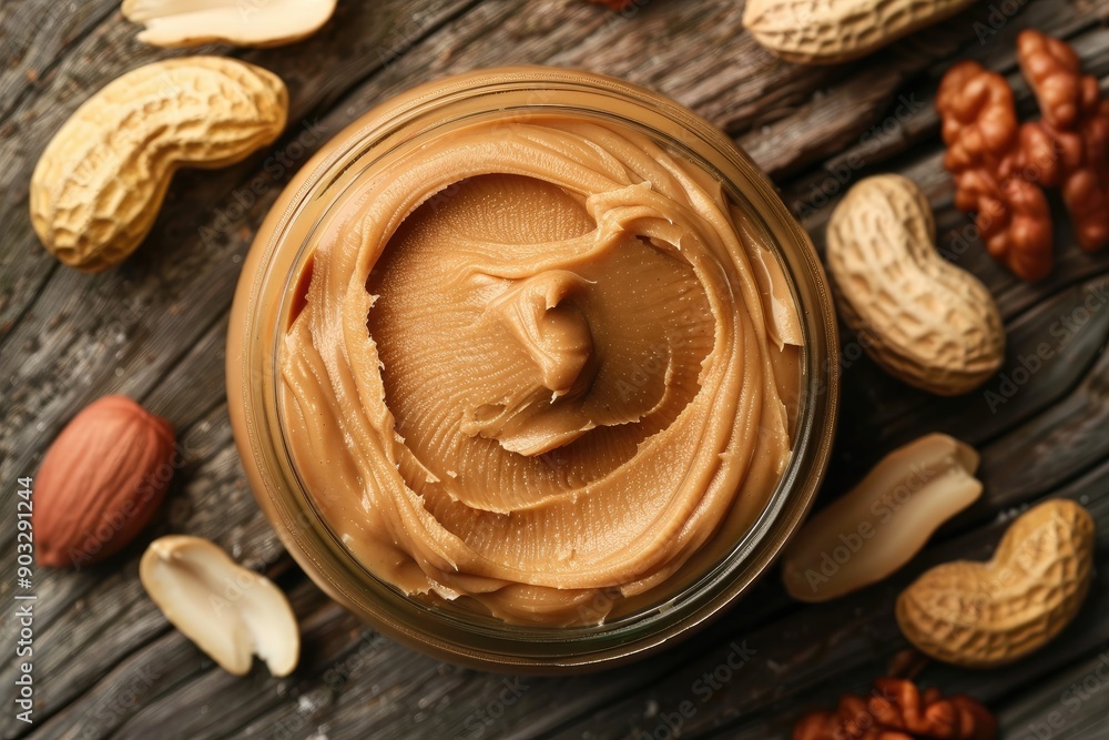 Poster a jar of peanut butter sits on a wooden table with a few nuts scattered around it. the jar is almost