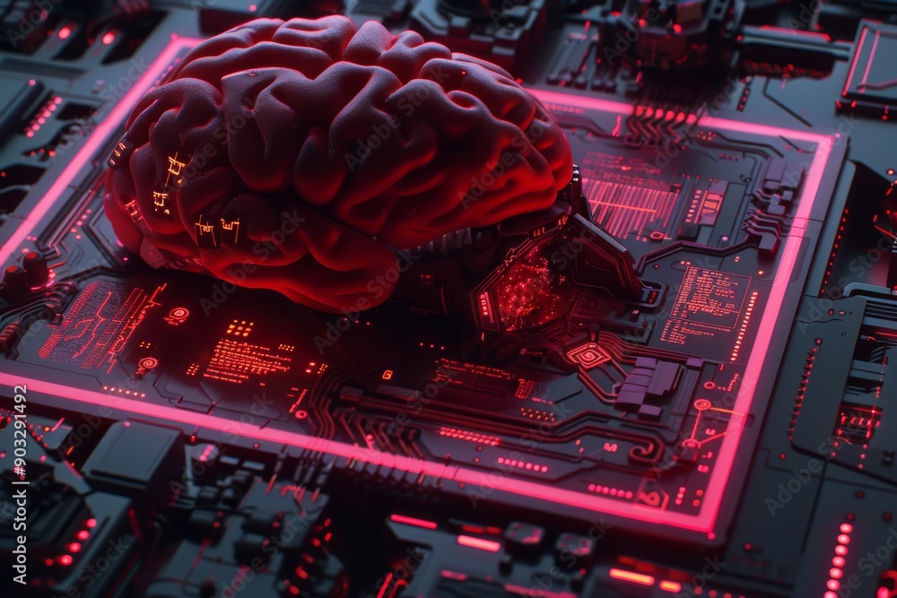 Aufkleber red illuminated brain on circuit board highlighting ai technology digital advancements and the inter