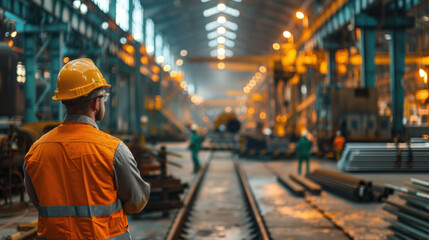 A worker in a hard hat and vest oversees operations in a large, well-lit industrial warehouse with equipment and materials.