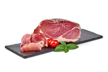 Italian prosciutto crudo or spanish jamon. Jerked meat, isolated on white background. High resolution image.