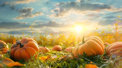 Idyllic autumn scene with field of pumpkins