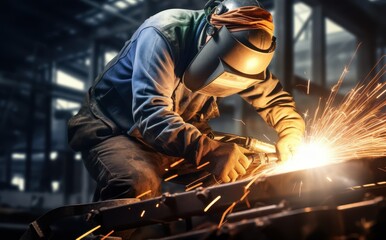 Intense Concentration: A Welder Sparks Creativity and Craftsmanship in an Industrial Workshop.