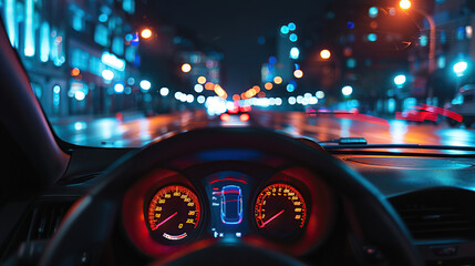 The view from the driver's seat of an electric car driving on city streets at night
