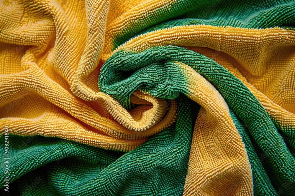 Poster a towel with a yellow and green stripe is rolled up. the towel is made of a soft material and has a 