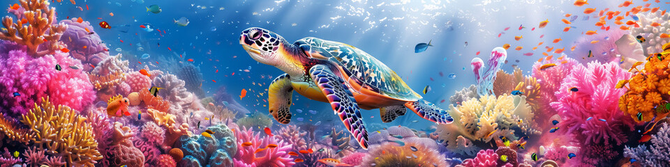 Fototapeta premium sea turtle swimming underwater, tropical marine wildlife background with copy space. Design for Wall Art, Poster Print, Wallpaper & Background
