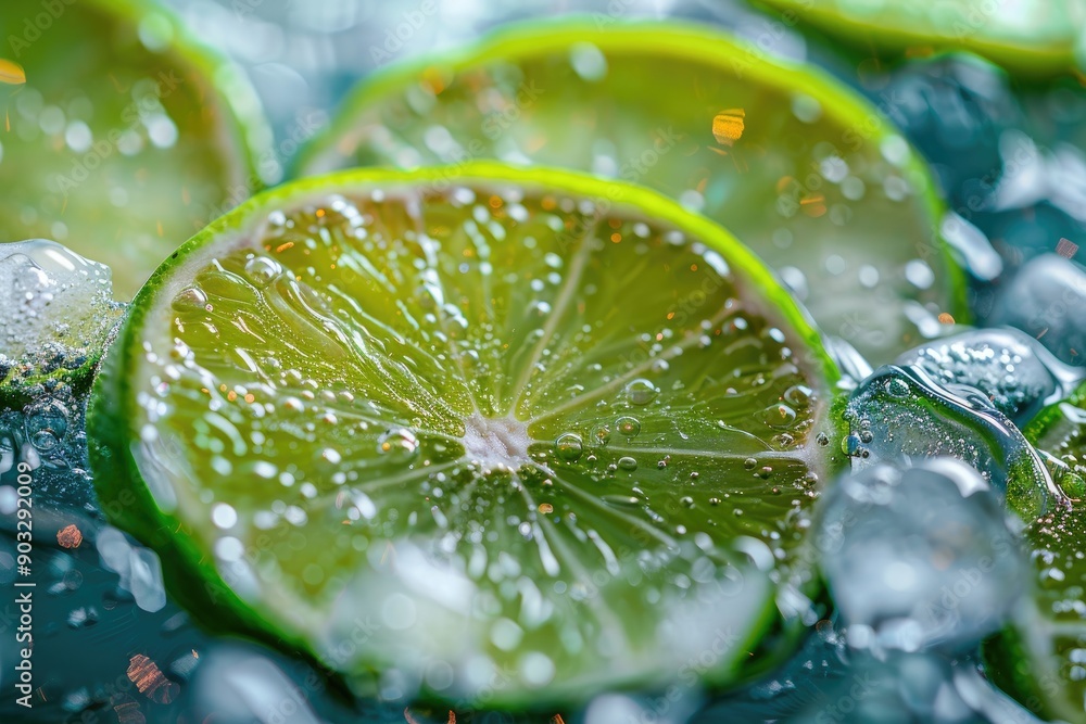 Poster a close up of a lime with droplets of water on it. the lime is surrounded by ice cubes