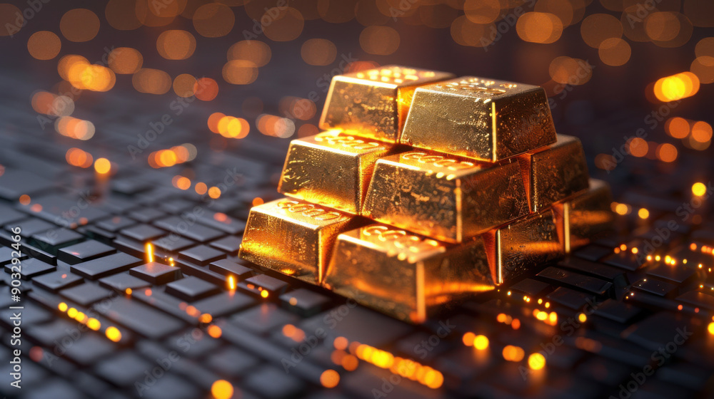 Poster a stack of shiny gold bars arranged on a reflective surface with glowing lights in the background.