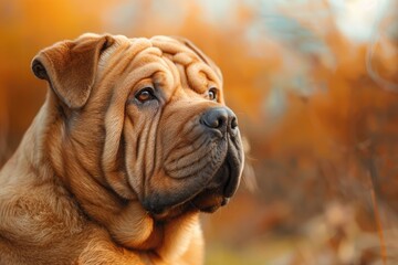Obraz premium A brown dog with a wrinkled face is looking at the camera. The dog is sitting in a field of yellow leaves