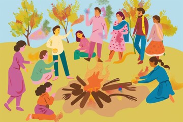 Colorful Celebration Around a Bonfire