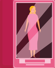 Woman standing in pink box looking out at viewer