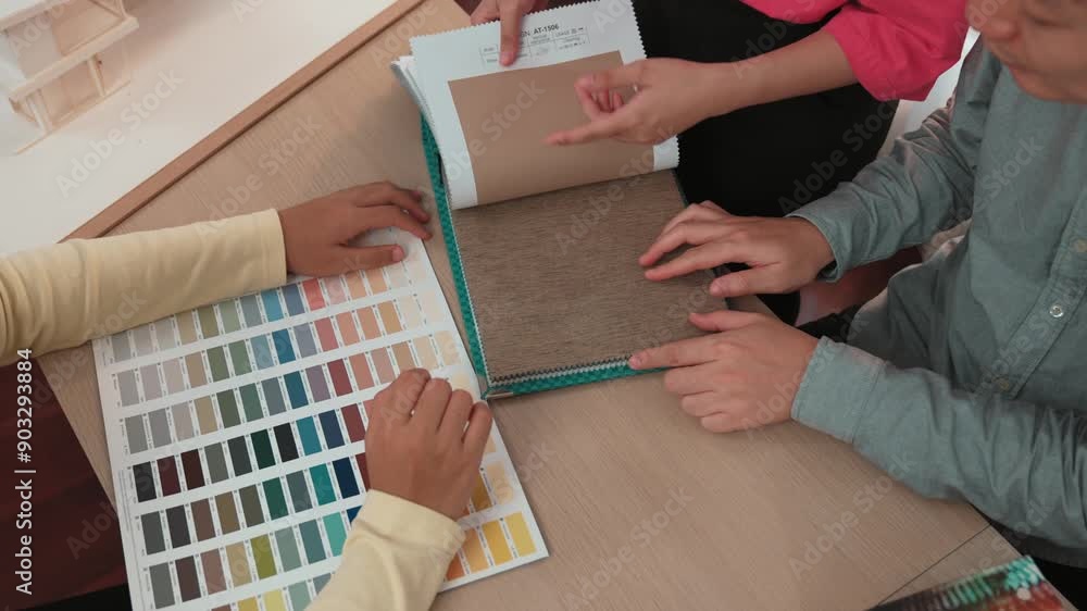 Poster slow motion hand closeup architect and interior designer presenting textile material and color from 