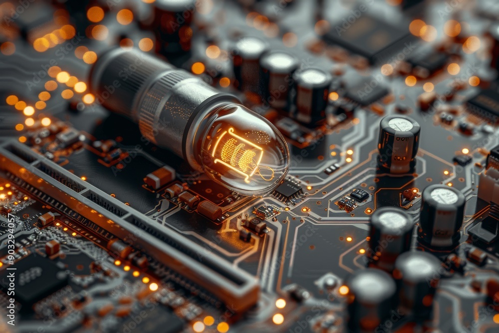 Poster circuit board with illuminated components representing advanced technology digital systems and the i