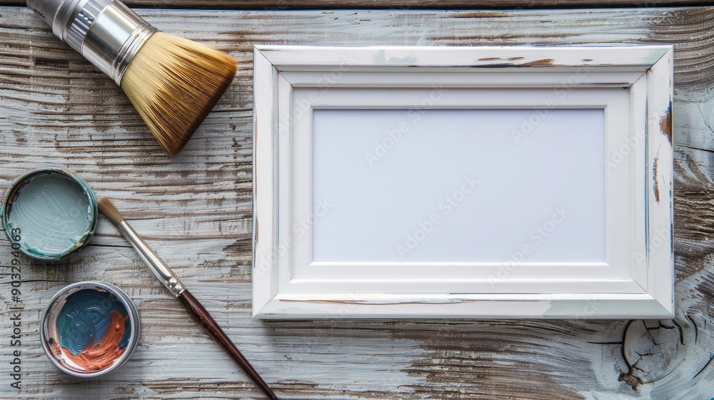 Aufkleber camera and paintbrush on wooden table with empty frame