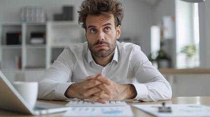 Desperate businessman calculating debt on a cluttered desk, financial crisis concept