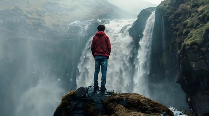 Obraz premium Young man standing on hill by waterfall