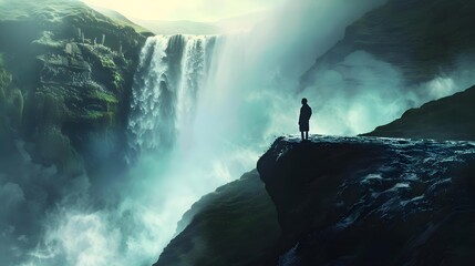 Young man standing on hill by waterfall