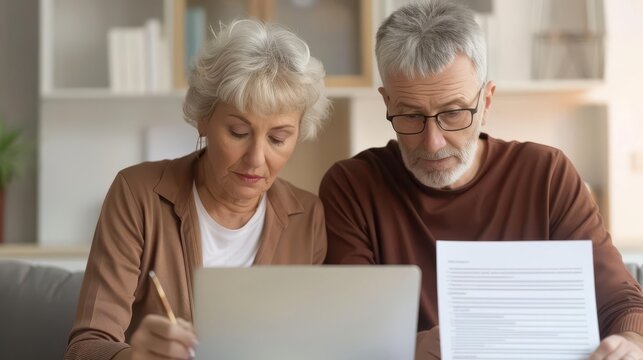 Senior couple reviewing retirement plans amidst debt worries, financial security concept