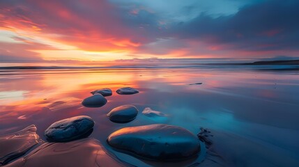 Zen stones on calm beach at sunset
