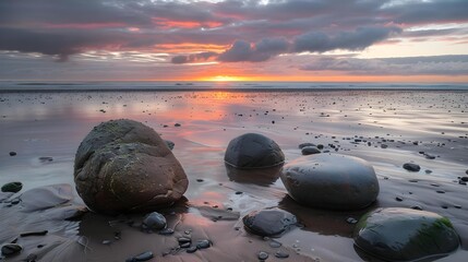 Zen stones on calm beach at sunset