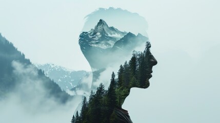 Personal trainer and nature landscape, double exposure with a digital interface, creating a futuristic postcard with mountains and forests