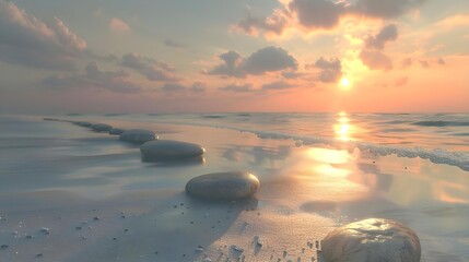 Zen stones on calm beach at sunset