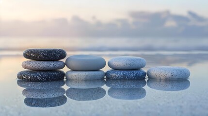 Zen stones on calm beach at sunset