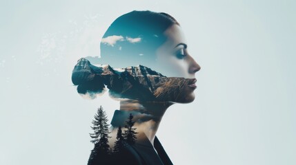Artistic double exposure of a flight attendant, merged with a nature landscape of mountains and forests and a digital interface, evoking a futuristic postcard vibe