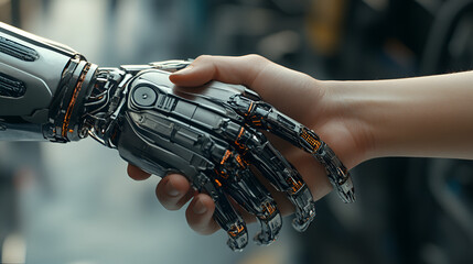 hombre y robot saludandose estrechando sus manos concepto tecnologico futurista 