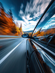Fototapeta premium A car driving on the highway, with a motion blur effect,
