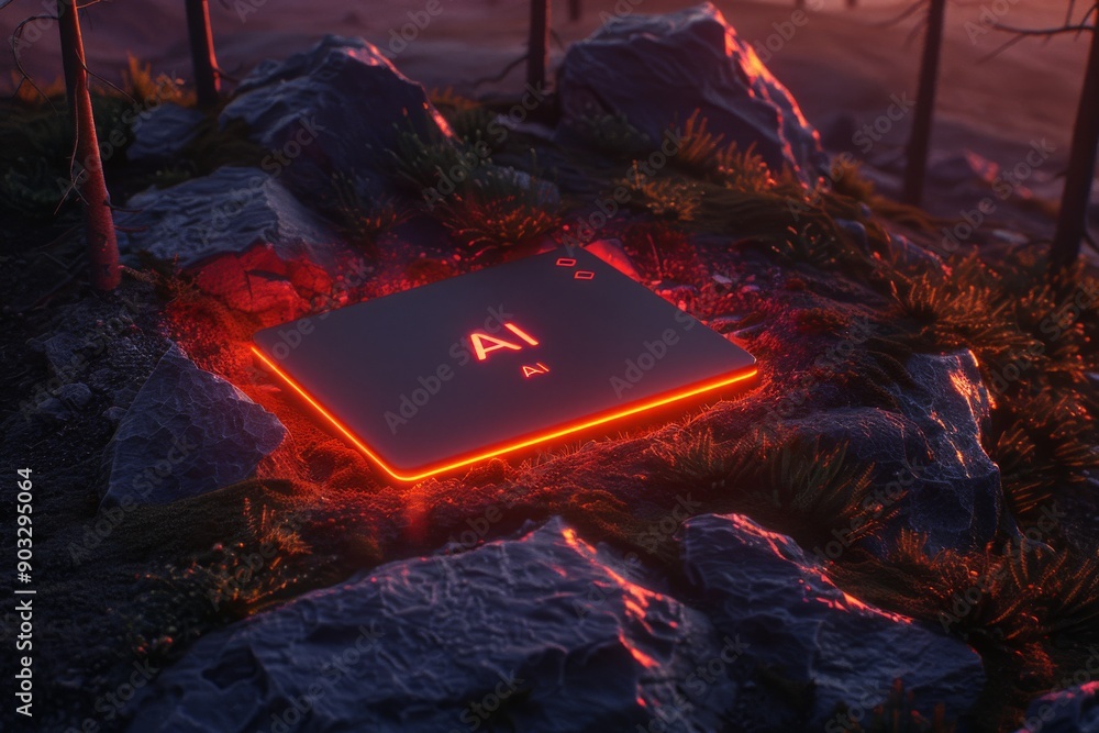 Poster glowing ai processor in a futuristic landscape emphasizing cutting edge technology digital advanceme