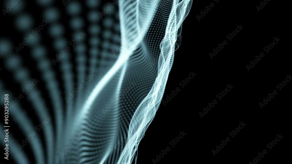 Poster futuristic video animation with particle wave object in motion, 4096x2304 loop 4k