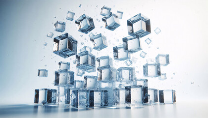 Ice Cubes falling down, ice frozen cubes scattered, cold cooling low temperature motif, wallpaper illustration background
