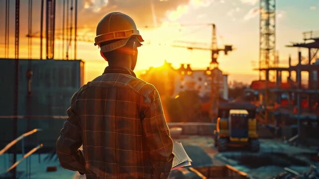 A male builder in front of a house under construction and a construction crane in an orange helmet with documents and a house construction project in his hands.