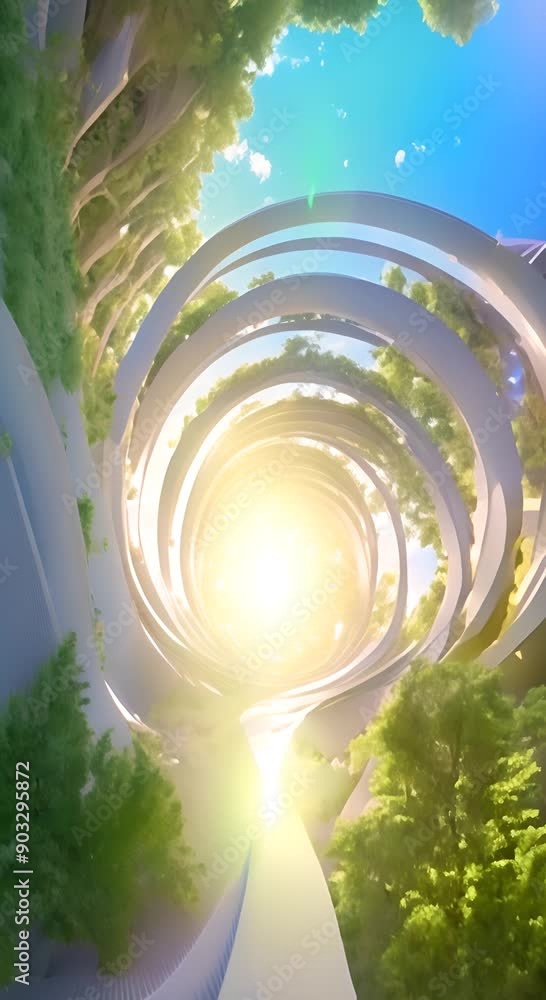 Aufkleber camera moves inside spiral futuristic tunnel of circles with trees in the sky background vertical vi