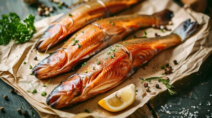 fresh smoked fish on paper , ai