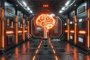 AI brain in a high tech server room representing advanced artificial intelligence data processing and the future of technology in a sophisticated modern environment.