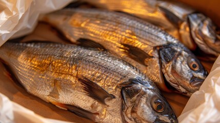 fresh smoked fish on paper , ai