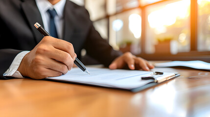 Well-Dressed Professional Reviewing Interview Notes on Desk,