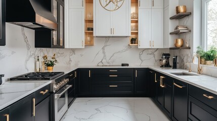 Modern cooking area with two-tone cabinets, gold-hued hardware, and luxurious marble backsplash