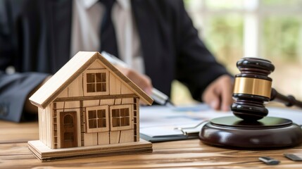 Male judge sitting at desk with gavel and small wooden toy house, working with documents, signing contract agreements. Real estate law, divorce property, house foreclosure and bankruptcy concept, ai