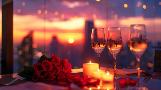 A romantic candlelit dinner set up on a rooftop with a city skyline view, featuring a table adorned with roses, wine glasses, and a stunning sunset in the background.
