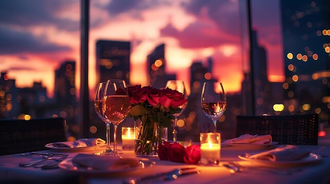 A romantic candlelit dinner set up on a rooftop with a city skyline view, featuring a table adorned with roses, wine glasses, and a stunning sunset in the background.