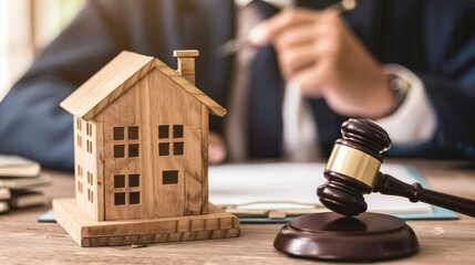 Male judge sitting at desk with gavel and small wooden toy house, working with documents, signing contract agreements. Real estate law, divorce property, house foreclosure and bankruptcy concept, ai