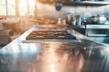 Fototapeta premium empty commercial kitchen of a restaurant with stainless steel appliances and food processing station, interior of a professional chefs kitchen and five star hotel and michelin star restaurants kitchen