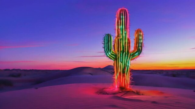 Neon Cactus Radiating Vivid Colors in Desert Oasis of Modern Aesthetics